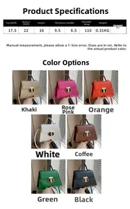 Specifiche delle dimensioni e sette varianti di colore per questa borsa a tracolla in PU