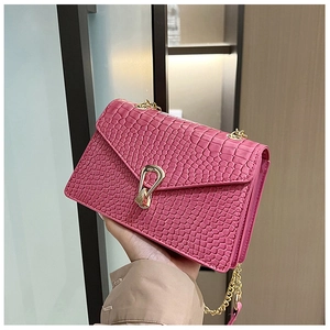 Detailed shot of pink faux crocodile leather bag with gold buckle and chain strap