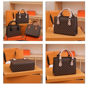 Detailed views of the three-piece handbag set with brown geometric patterns and beige handles