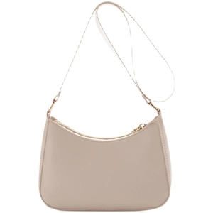 Minimalist beige crescent shoulder bag with smooth PU leather and gold zipper detail