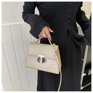 Close-up of beige crossbody bag featuring a distinctive gold clasp and top handle