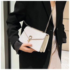 Detail of white crocodile pattern shoulder bag with gold clasp and chain strap