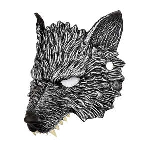 Wolf man mask with realistic silver-black fur texture and yellow fangs for festivals