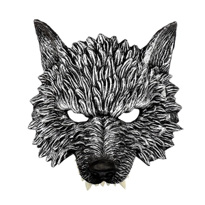 Realistic silver wolf werewolf mask with detailed fur texture for carnival party cosplay