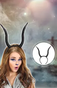 Close-up of black spiral horn headband with textured details for Halloween costumes