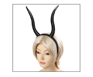 Detail of gothic black witch horn headband featuring spiral texture for cosplay