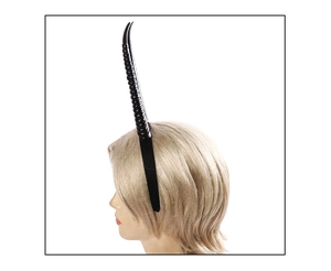 Detailed view of long black spiral devil horns on a thin gothic cosplay headband