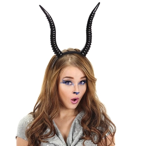 Gothic Halloween headband with long black spiral ram horns for witch cosplay costume
