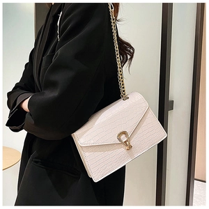 Detail of off-white crocodile embossed crossbody bag with gold chain and metal buckle