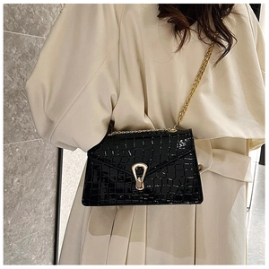 Detail of black crocodile pattern crossbody bag with gold chain and U-shaped metal buckle