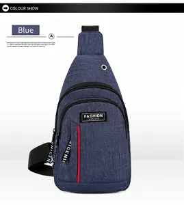 Blue canvas sling bag with earphone hole and red zipper detail for outdoor sports
