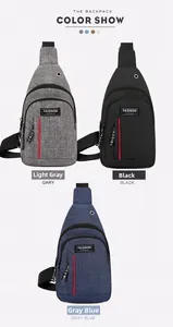 Detailed view of crossbody chest bags in light grey, black and blue with earphone ports