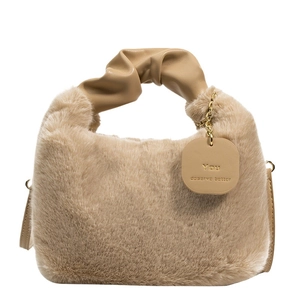 Chic beige faux fur handbag with leather handle and shoulder strap for winter style