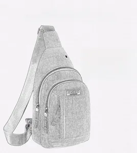 Close-up of grey washed canvas chest bag featuring a built-in headphone port and durable strap