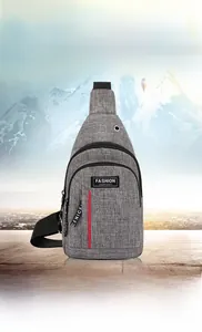 Macro view of gray canvas chest bag showing the interior fits a 9.7 inch iPad