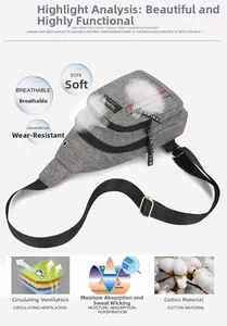 Detail view of grey canvas sling bag featuring fashion logo, earphone port and zippers