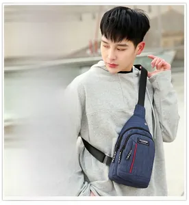 Detail of blue and black fabric chest bags with adjustable straps and zipper webbing
