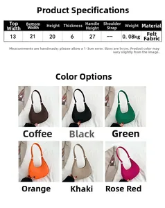 Size chart and color display for crocodile texture felt hobo bag in six vibrant shades