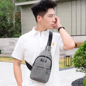 Outdoor grey oxford fabric chest bag for men with shoulder strap and headphone port