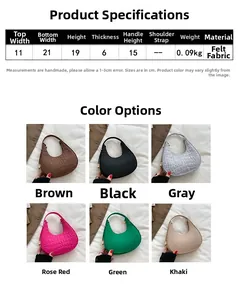 Detailed size specifications and 6-color palette options for the felt crescent underarm bag