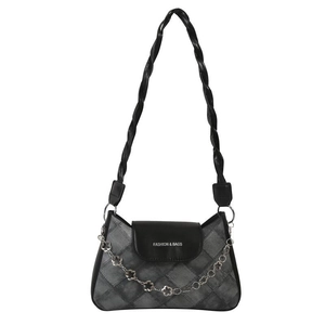 Sac sous le bras vintage rétro à carreaux noir-gris avec chaîne florale argentée