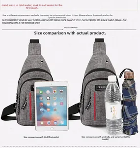 Crossbody chest bag detail showing capacity for iPad, umbrella and water bottle