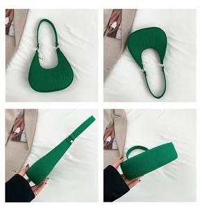 Detail shots of green faux leather shoulder bag with embossed crocodile texture and gold zipper