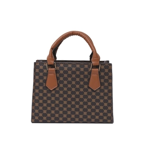 Vintage checkered tote bag for women with brown leather handles and classic pattern