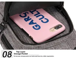 Front pocket of grey sling bag showing storage space for a smartphone and small items
