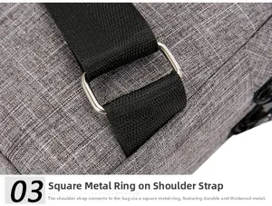 Detail of grey fabric bag showing durable black nylon strap and silver square metal buckle
