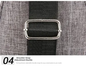 Detail view of the gray fabric bag with an adjustable silver metal strap buckle