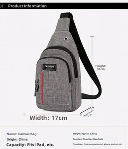 Gray canvas crossbody bag detail showing 33x17x6cm dimensions and earphone port
