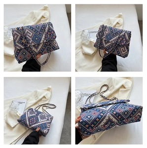 Detailed views of a blue geometric woven shoulder bag with golden chain strap