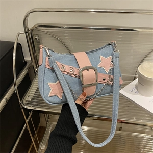 Women Denim Underarm Bag Y2K Millennium Style Star Patch Metal Buckle Chain Decor Shoulder Bag Fashion