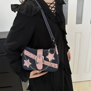 Y2K denim underarm bag with pink stars and silver metal chains for a chic street look
