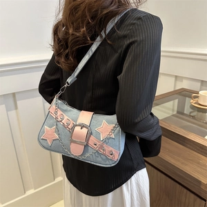 Retro denim underarm bag with pink star patch and silver chain, casual 2024 fashion