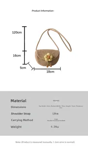 Detailed size specifications for a woven sunflower crossbody bag with dimensions 18x16x5cm