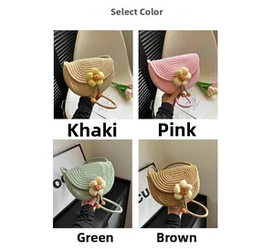 Detailed grid view of mini woven saddle bags with flower charms in four different colors