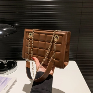 Sac à Épaule Rétro en Cuir PU Matelassé Rhombique pour Femme Couleur Unie Sac Sous le Bras Avec Chaîne Dorée Mode