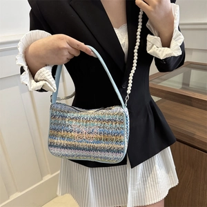 Retro woven small square bag with butterfly embroidery and pearl strap for women