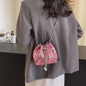Mini sac seau à paillettes roses avec cordon perlé et chaîne pour femmes à la mode