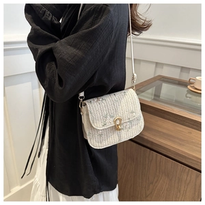 Detailed view of woven beige bag with floral embroidery and golden metal clasp