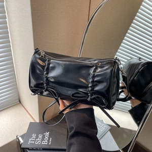 Ruched Bow Cylinder Shoulder Bag Metallic PU Leather Crossbody Handbag For Women Trendy Street Style Casual Bag
