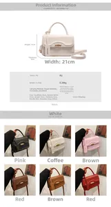 Detailed size chart and color options for the minimalist PU leather crossbody square bag