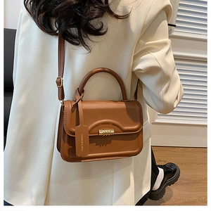 Details einer braunen Mini-Umhängetasche mit Goldverschluss und einem Handgriff