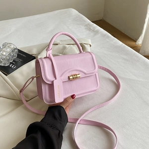 Detail der hellrosa Mini-Tasche mit strukturiertem Leder, Goldschnalle und Mode-Anhänger
