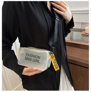 Dettaglio della mini borsa a tracolla in PVC trasparente con stampa Fashion Mini Girl