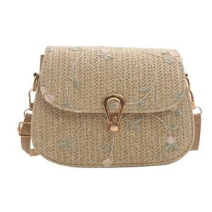 Retro handmade straw crossbody bag with pink floral embroidery and gold metal lock