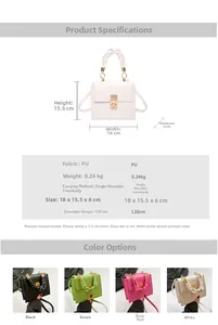 Size chart for small square PU bag showing 18x15.5x6cm dimensions and strap length