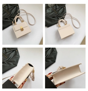 Detailed views of a cream crossbody bag with pleated handle and golden square clasp